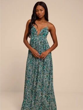 Lulu's Teal-Green Printed Plunge Maxi Dress